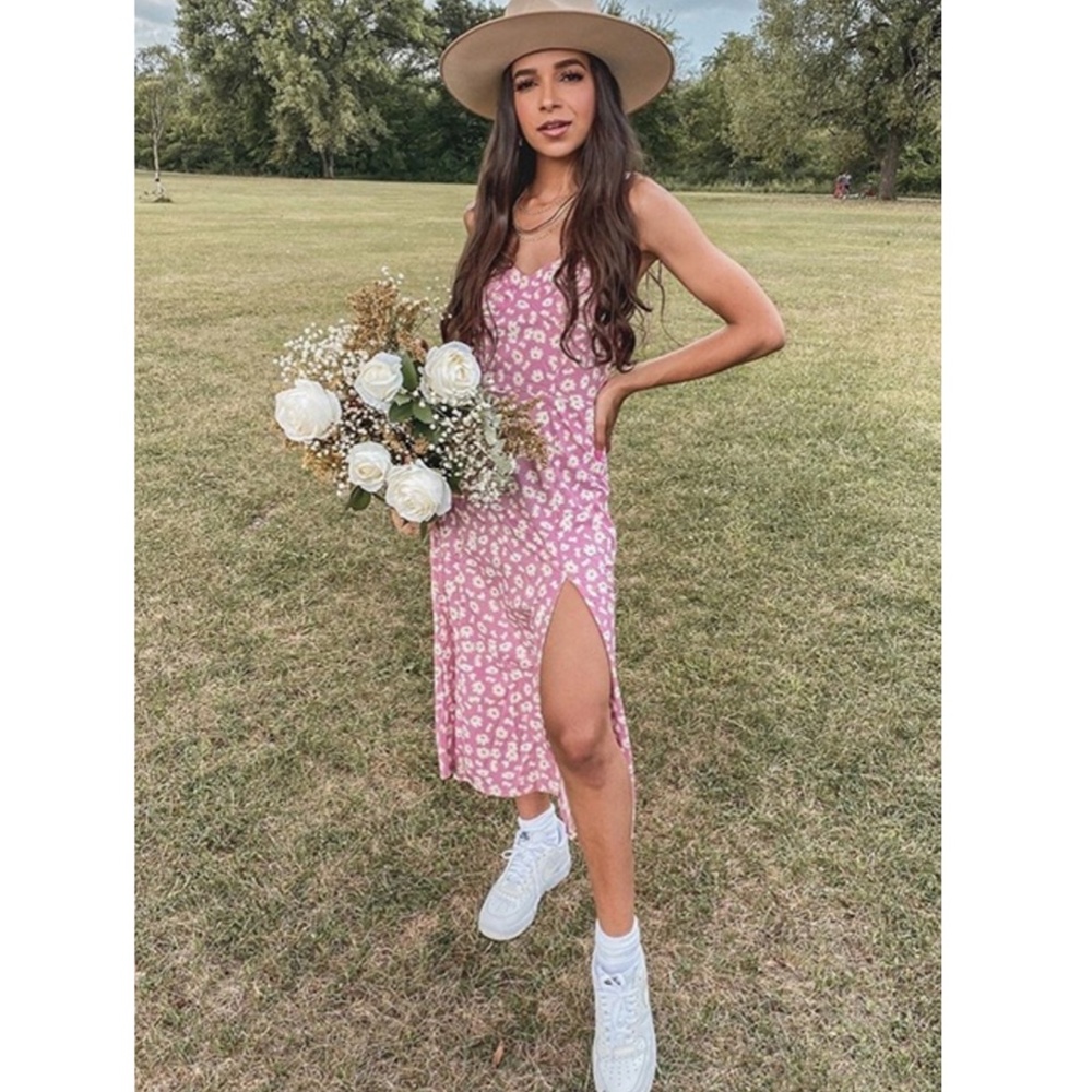 Pink Floral Tie Strap High Slit Midi Dress - Picture 11 of 16
